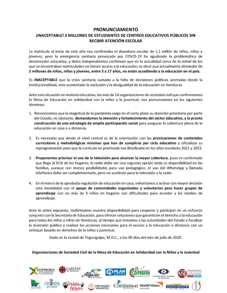Pronunciamiento Mesa de Educación 6-7-20