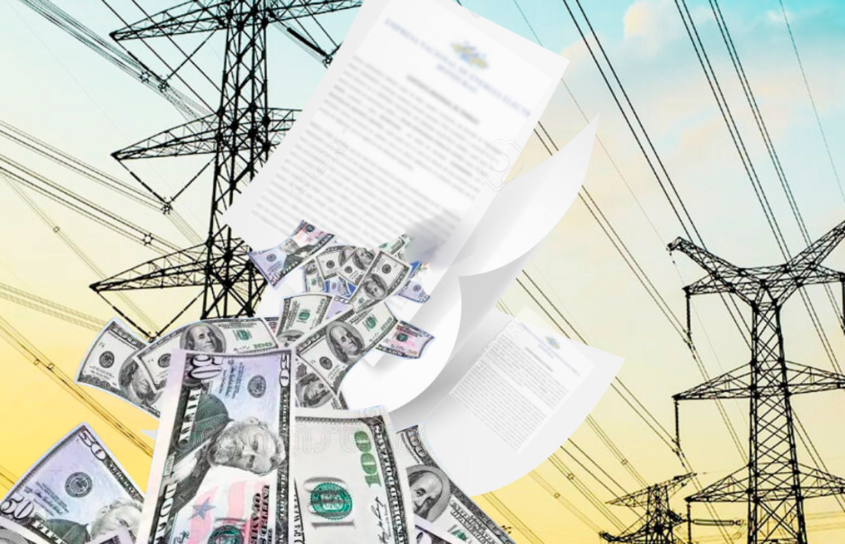 Una imagen de portada con una torre de transmision con algunos contratos que caen a una cama de dolares