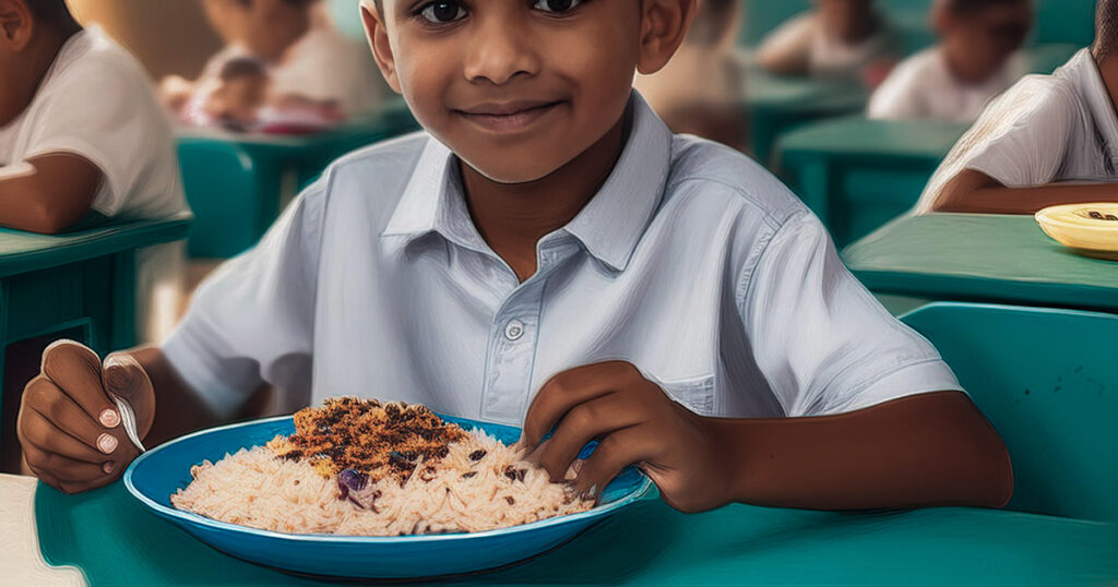 Niño come sus alimentos en sus silla de clase